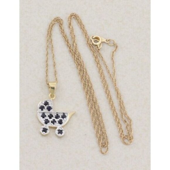 14K Yellow Gold Natural Sapphire Baby Carriage Stroller Necklace 18 inch chain - Picture 7 of 8